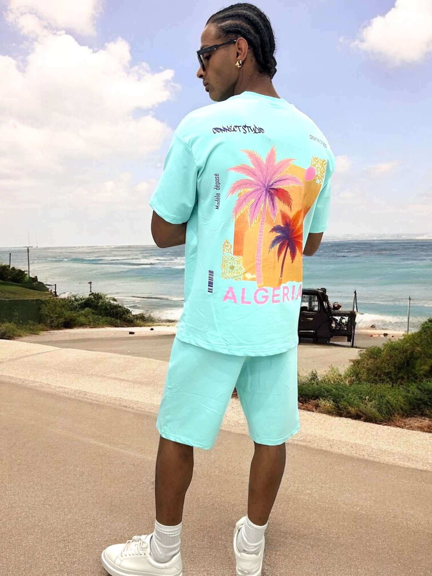 Ensemble ALGERIA Tropical – T-shirt + Short Unisexe (Palmiers)
 - bleu ciel