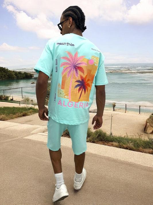 Ensemble ALGERIA Tropical – T-shirt + Short Unisexe (Palmiers)
 - bleu ciel