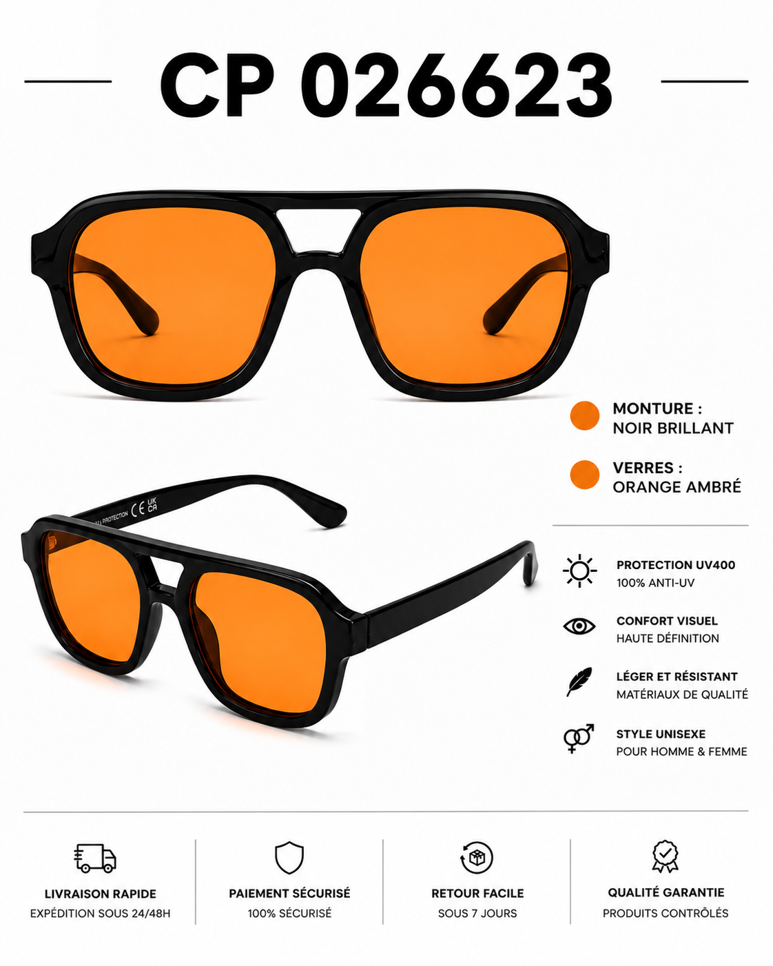 Lunettes de Soleil CP 026623 – Monture Écaille Noir & Verres Orange Ambré – Monture Noire & Verres Orange UV400