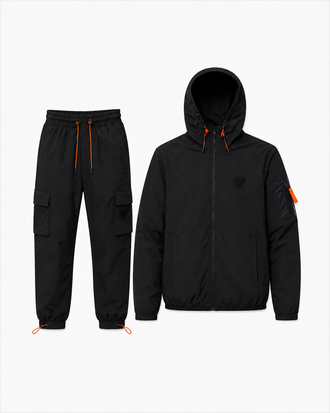 Ensemble Technique Cargo Noir – Veste Coupe-Vent & Pantalon – Détails Orange