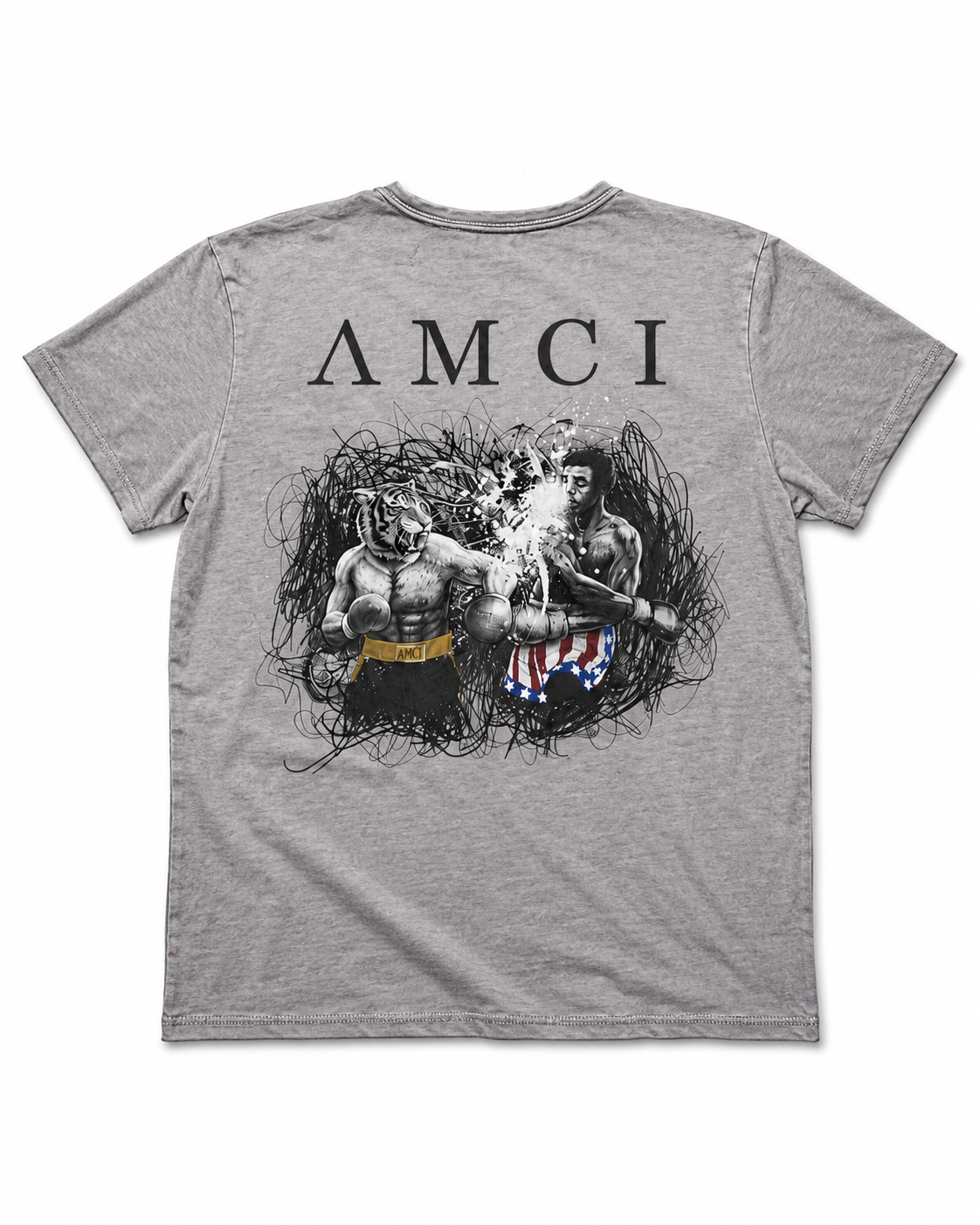 T-shirt AMCI Boxing Gris Clair – T-shirt Délavé Unisexe avec Illustration Boxer Dos