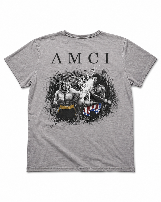 T-shirt AMCI Boxing Gris Clair – T-shirt Délavé Unisexe avec Illustration Boxer Dos