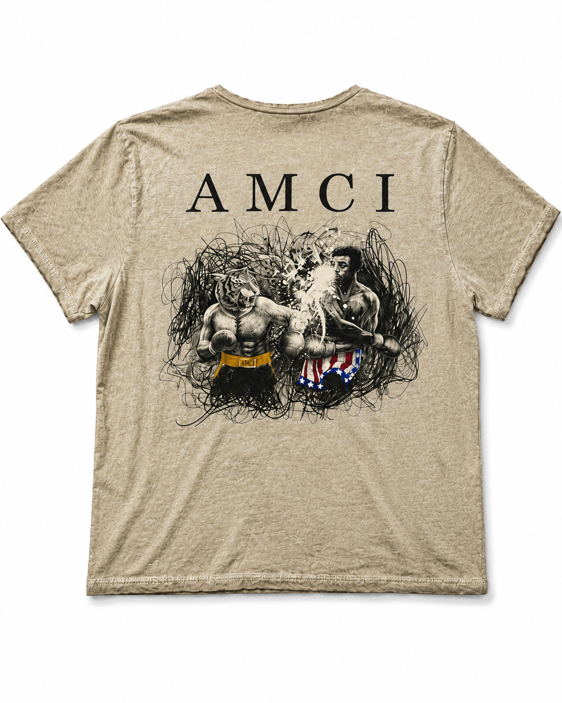 T-shirt AMCI Boxing Tiger Vintage Kaki – Effet Délavé Premium & Imprimé Dos Oversize