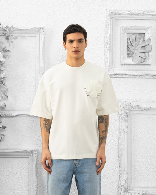 T-shirt Oversize Trèfles Brodés – Blanc Cassé