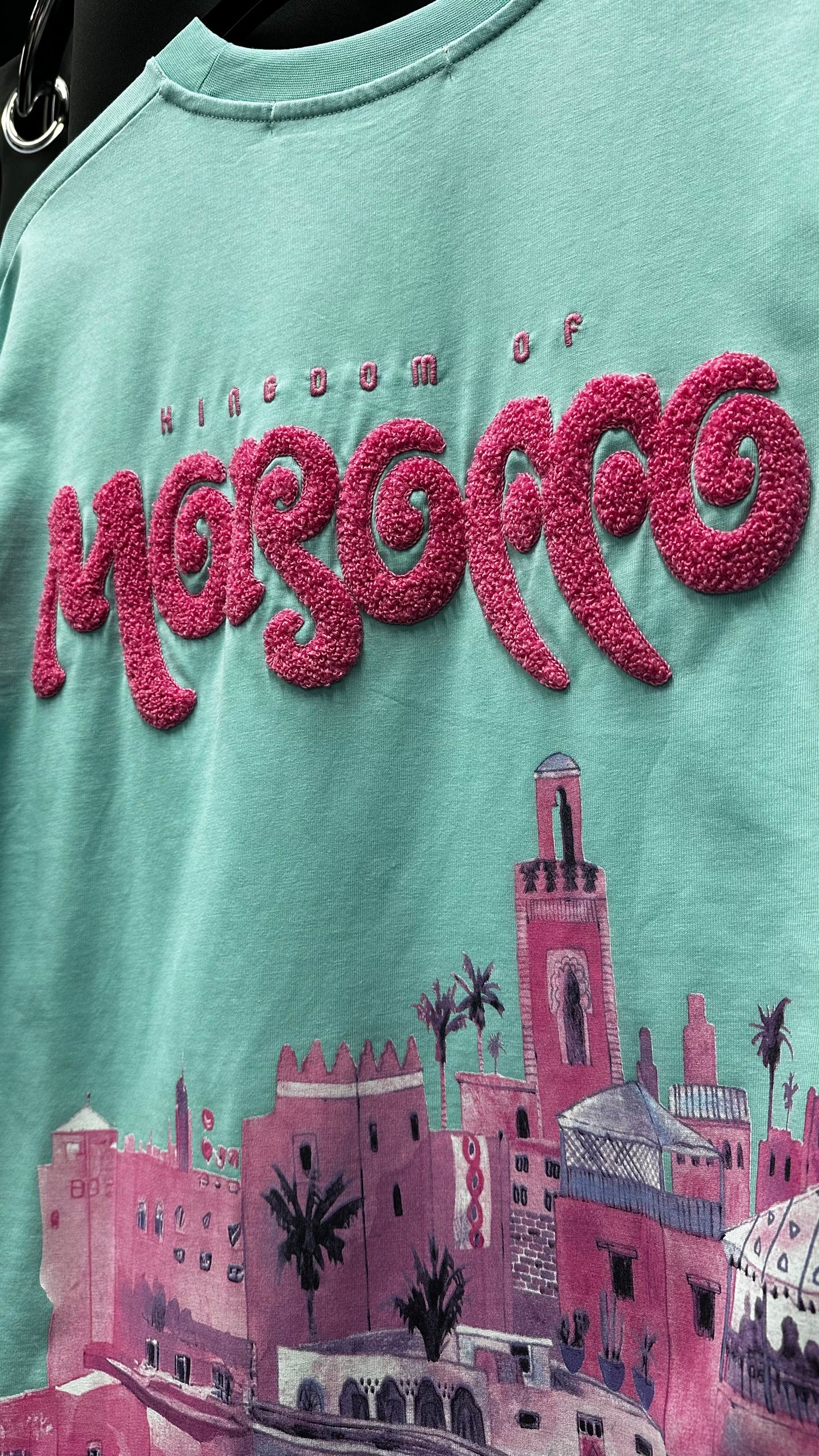 T-shirt "Kingdom of Morocco" – Vert d’eau & Visuel Rose