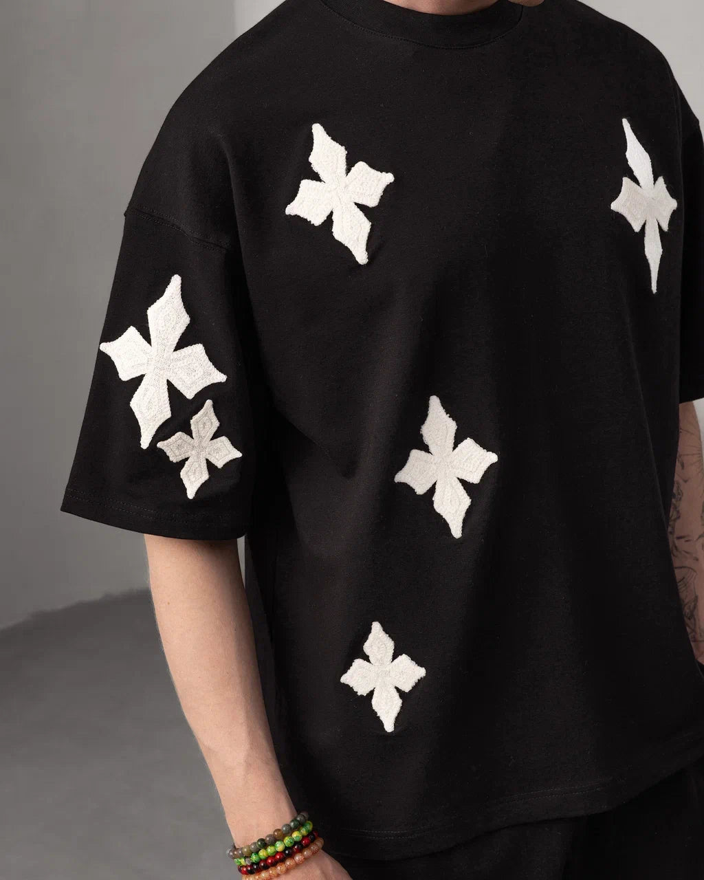 Ensemble Oversize Brodé – Patch Croix Blanches (Noir)