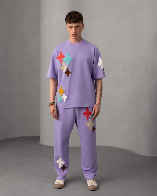 Ensemble Oversize Brodé – Patch Croix Multicolores (Lavande)