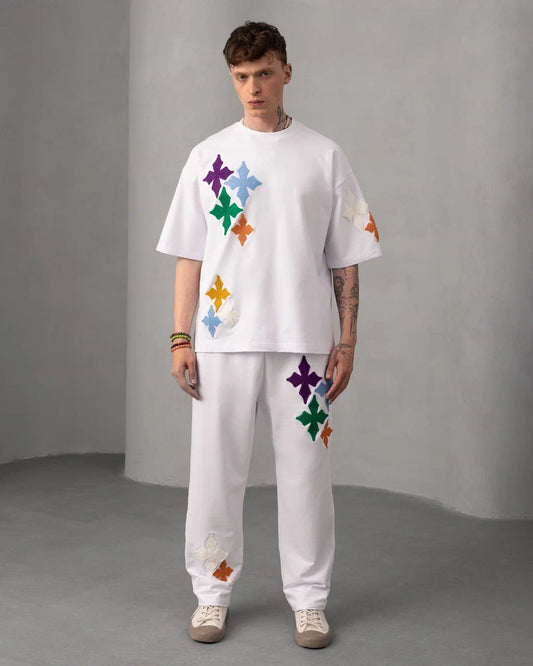 Ensemble Oversize Brodé – Patch Croix Multicolores (Blanc)