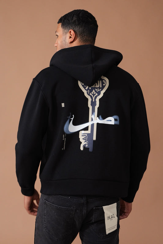 Hoodie Zippé “Key Calligraphie” — Unisexe (Noir / Écru)