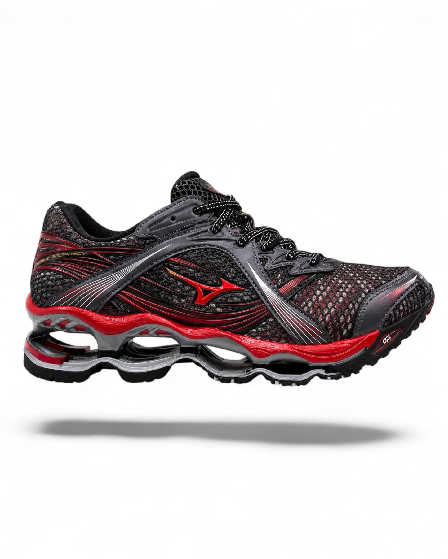 Mizuno Wave Prophecy 1 Harbor Mist Chinese Red Black vue de profil homme