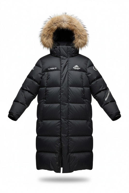 Parka Helvetica Mountain Pioneers  X.TREM K2 Noir – Ultra Chaude, Intérieur Aluminium, Fourrure Détachable