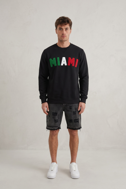 Sweat Explicit Miami Noir Homme – Broderie Relief Tricolore Premium
