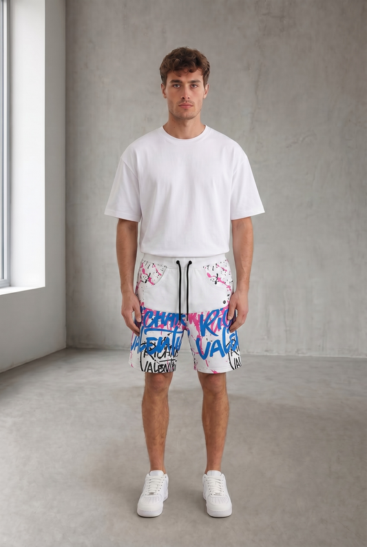 Short Richard Valentine Shadenail Blanc Graffiti Bleu & Rose – Made in Italy
