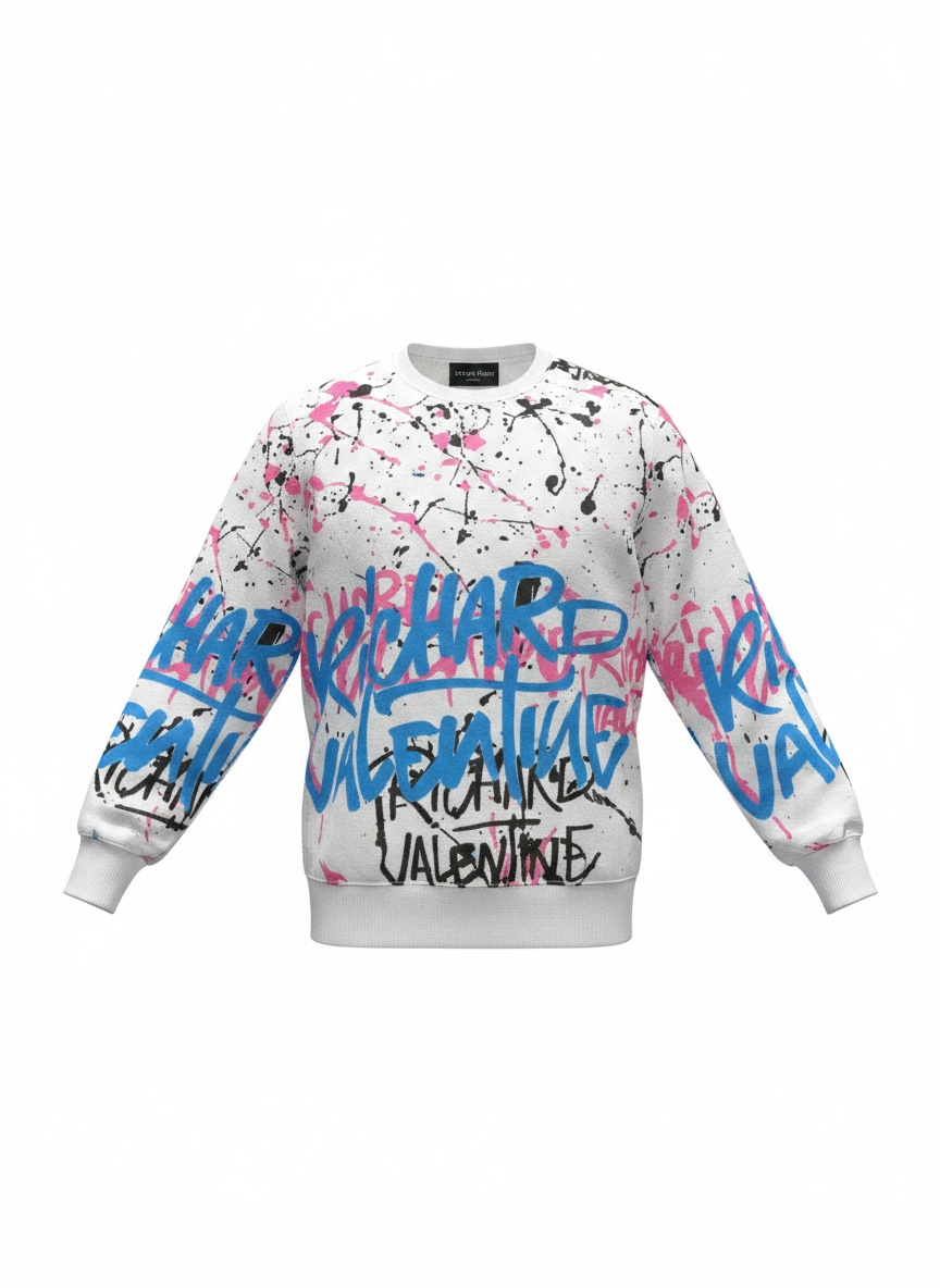 Sweat Richard Valentine Fisher Blanc Graffiti Bleu & Rose – Made In Italy