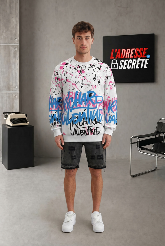 Sweat Richard Valentine Fisher Blanc Graffiti Bleu & Rose – Made In Italy