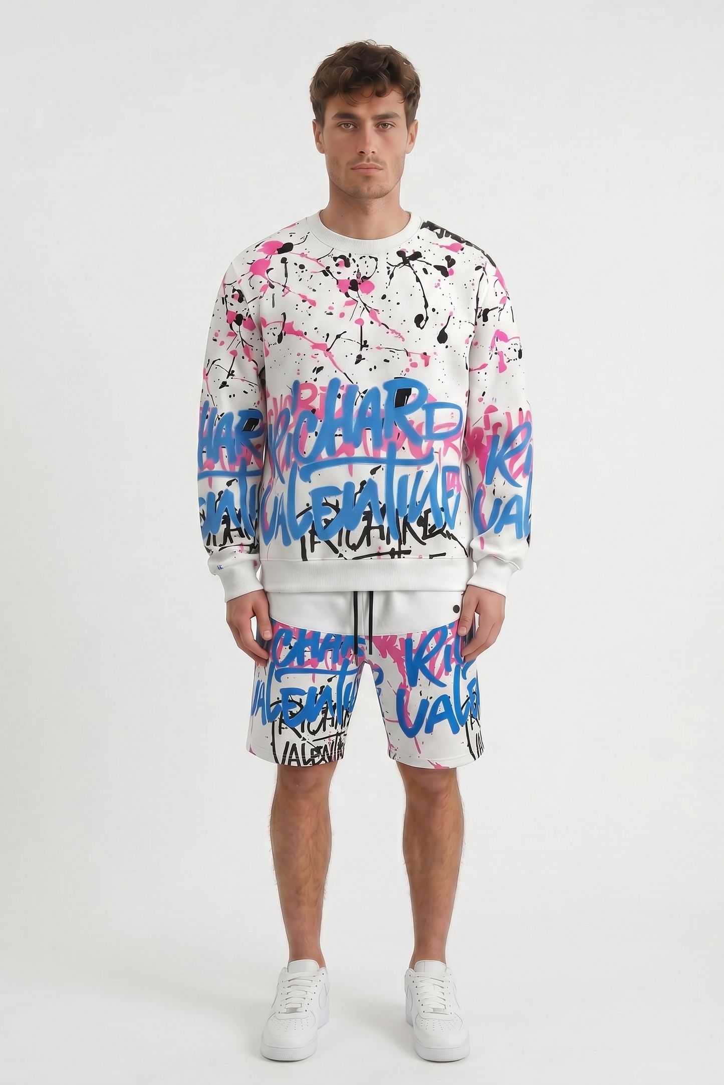 Sweat Richard Valentine Fisher Blanc Graffiti Bleu & Rose – Made In Italy